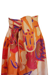 1970s Bill Tice Printed Oversized Floral Tissue Silk Peach Skirt