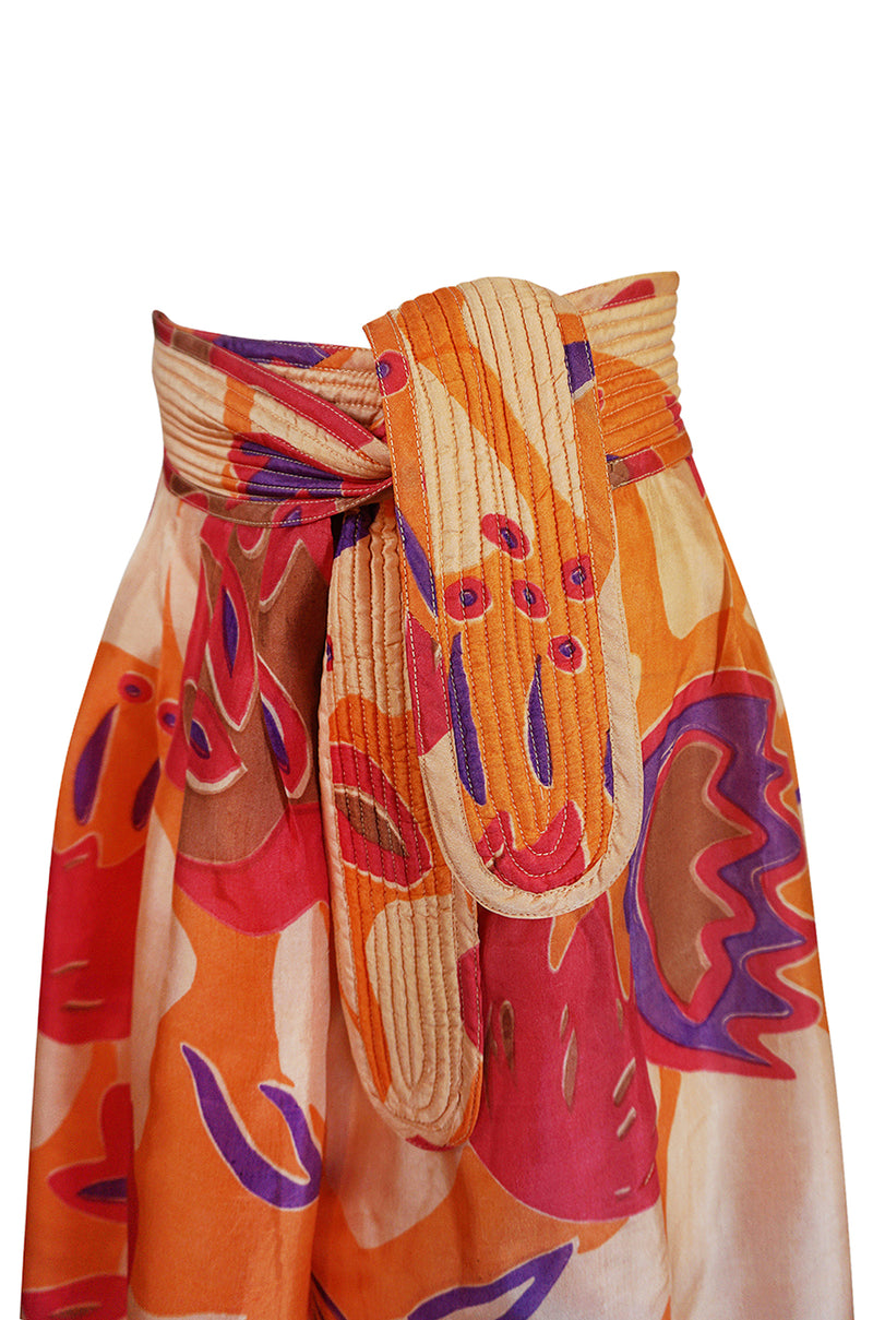 1970s Bill Tice Printed Oversized Floral Tissue Silk Peach Skirt