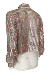 Late 1970s Oscar de la Renta Pink & Silver Sequin Top w Rhinestone Buttons