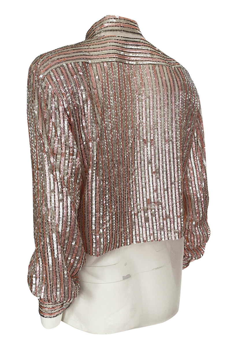 Late 1970s Oscar de la Renta Pink & Silver Sequin Top w Rhinestone Buttons