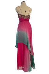 1980s Vicky Tiel Couture Pink & Greem Silk Chiffon Dress w Bead & Sequin Bodice