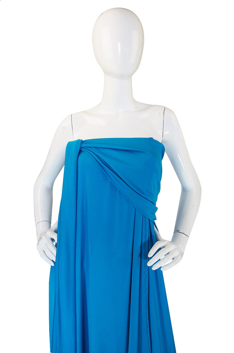 1970s Vivid Blue Multi Tie Jersey Maxi Dress