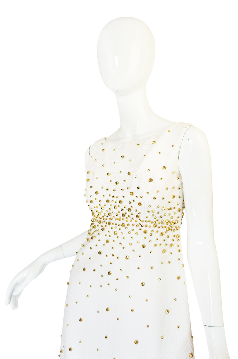 1960s Gold Studded White Cotton Waffle Weave Pique Dress