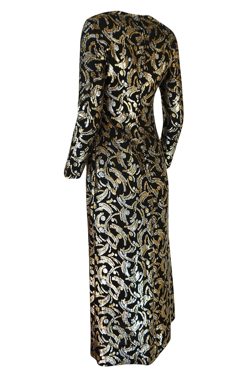 1970s Galanos Metallic Silver & Gold Lurex on Black Silk Dress
