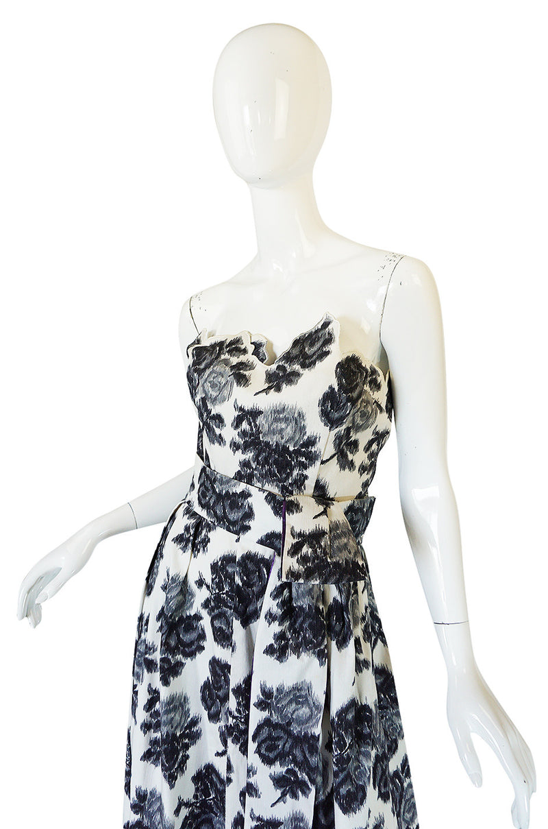1960s Washed Graphic Floral Print Strapless Gown