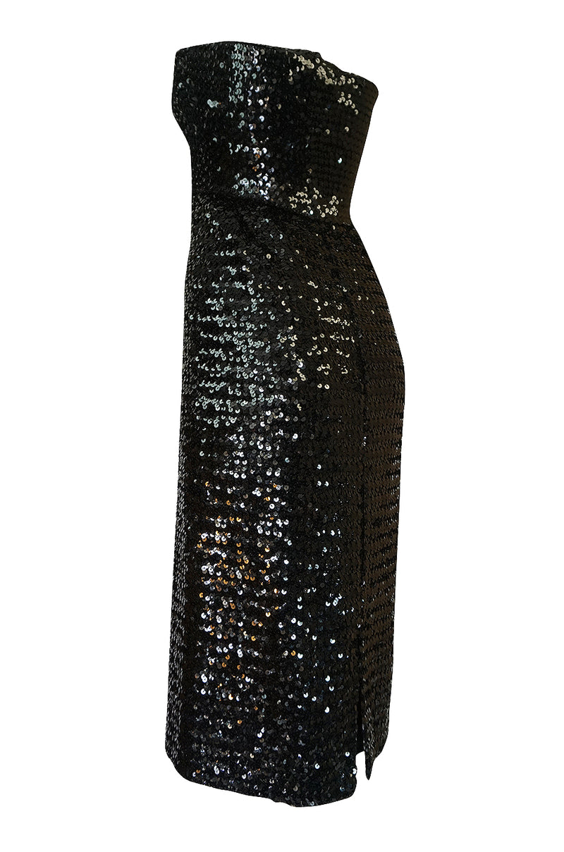 Early 1980s Roland Klein Glossy Black Strapless Sequin Dress