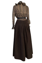 Incredible 1980s Unlabeled Haute Couture Silk Net & Brown Silk Taffeta Plunge Front Dress