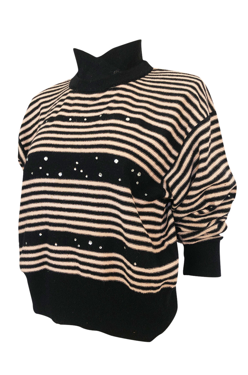 1980s Sonia Rykiel Pink & Black Sweater w Rhinestone Embelishments