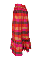 1960s Unlabeled Dramatic Pink Plaid Thai Silk  Ruffled Skirt
