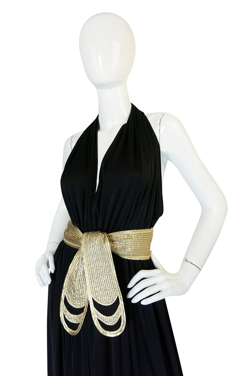 1980 Bill Tice Plunge Black & Gold Backless Halter Dress