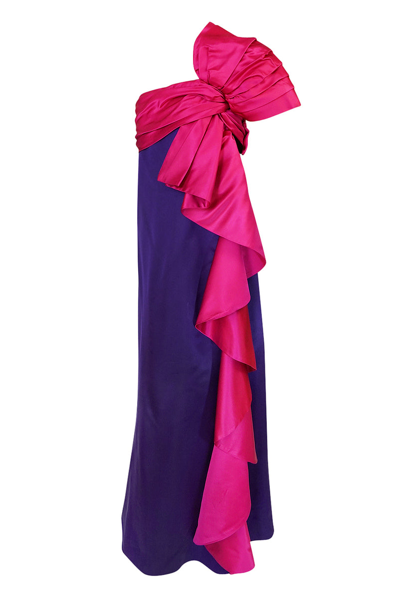 1970s Bill Blass Dramatic Pink & Purple Ruffled Bow Silk Dress