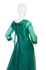Vintage Trained Emerald Green Lace Tulle Gown w Floral Applique