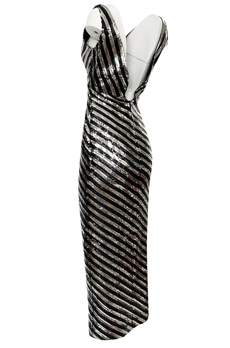 1970s Ruben Panis Silver & Black Sequin Low Front & Back Dress