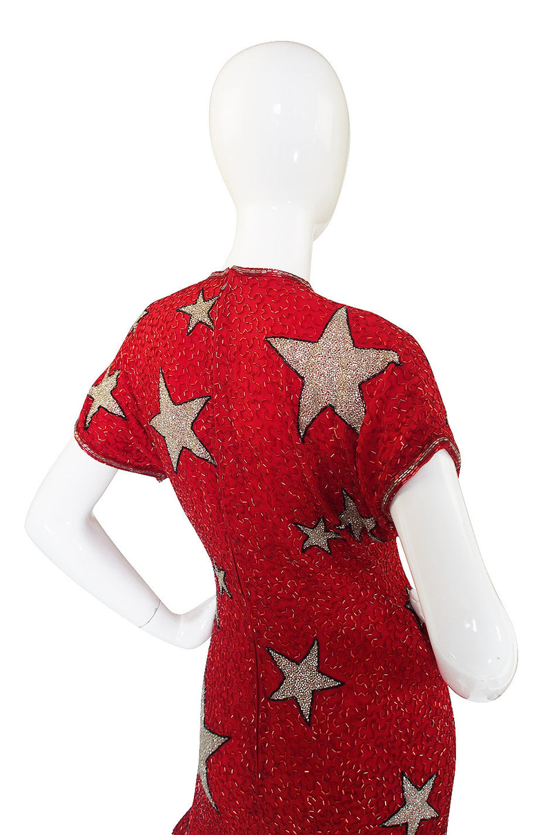 1980s Beaded Red & Silver Stars Dress