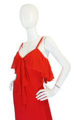 Unworn 1970s Red Silk Chiffon Tiered Ruffle Skirt Dress