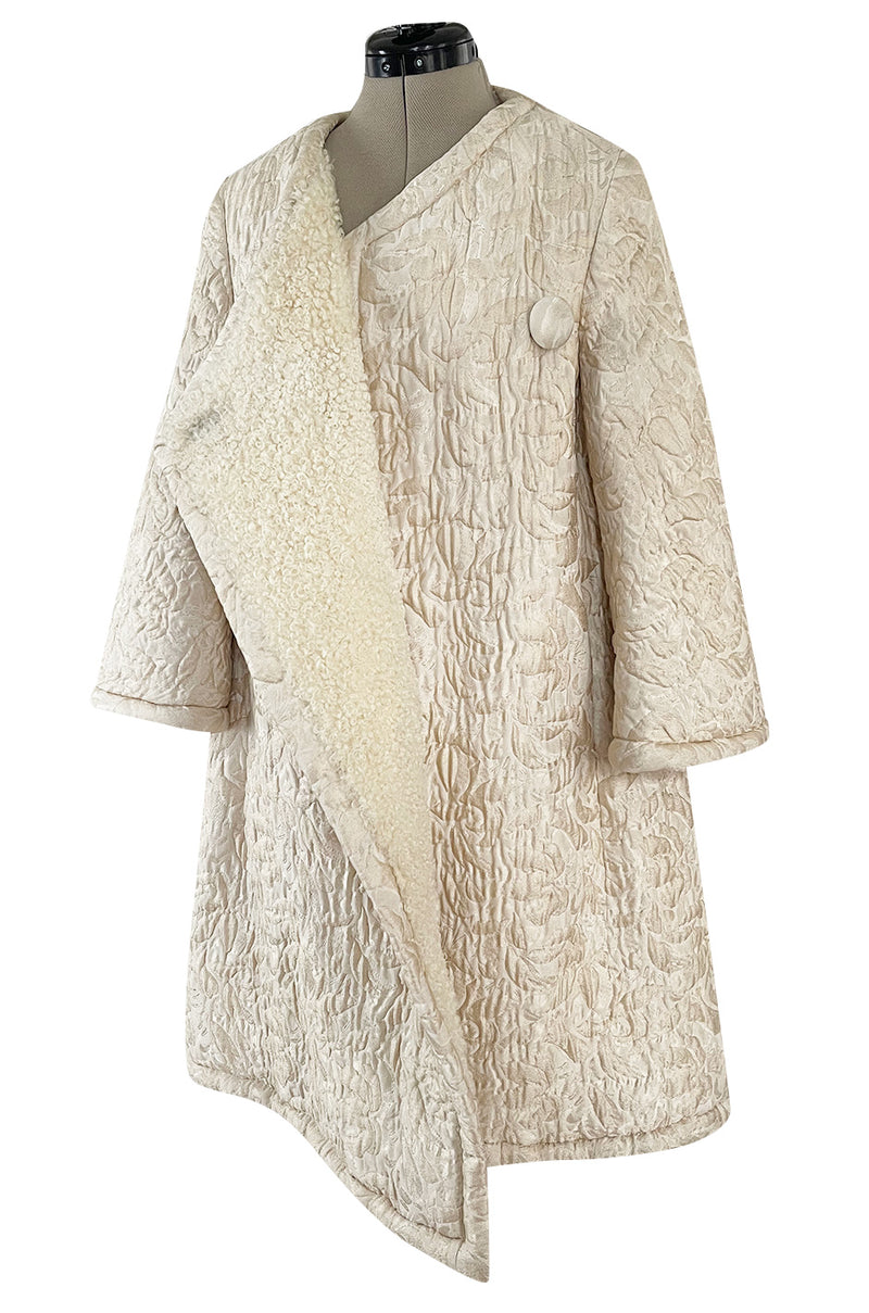 Gorgeous Fall 1965 Nina Ricci Haute Couture Ivory Silk  Brocade Coat w Soft Sheepskin Lining