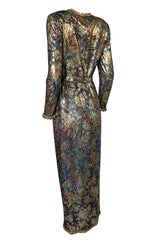 Fall 1990 Oscar de la Renta Printed Metallic Silk Dress w Brass Bell Edging