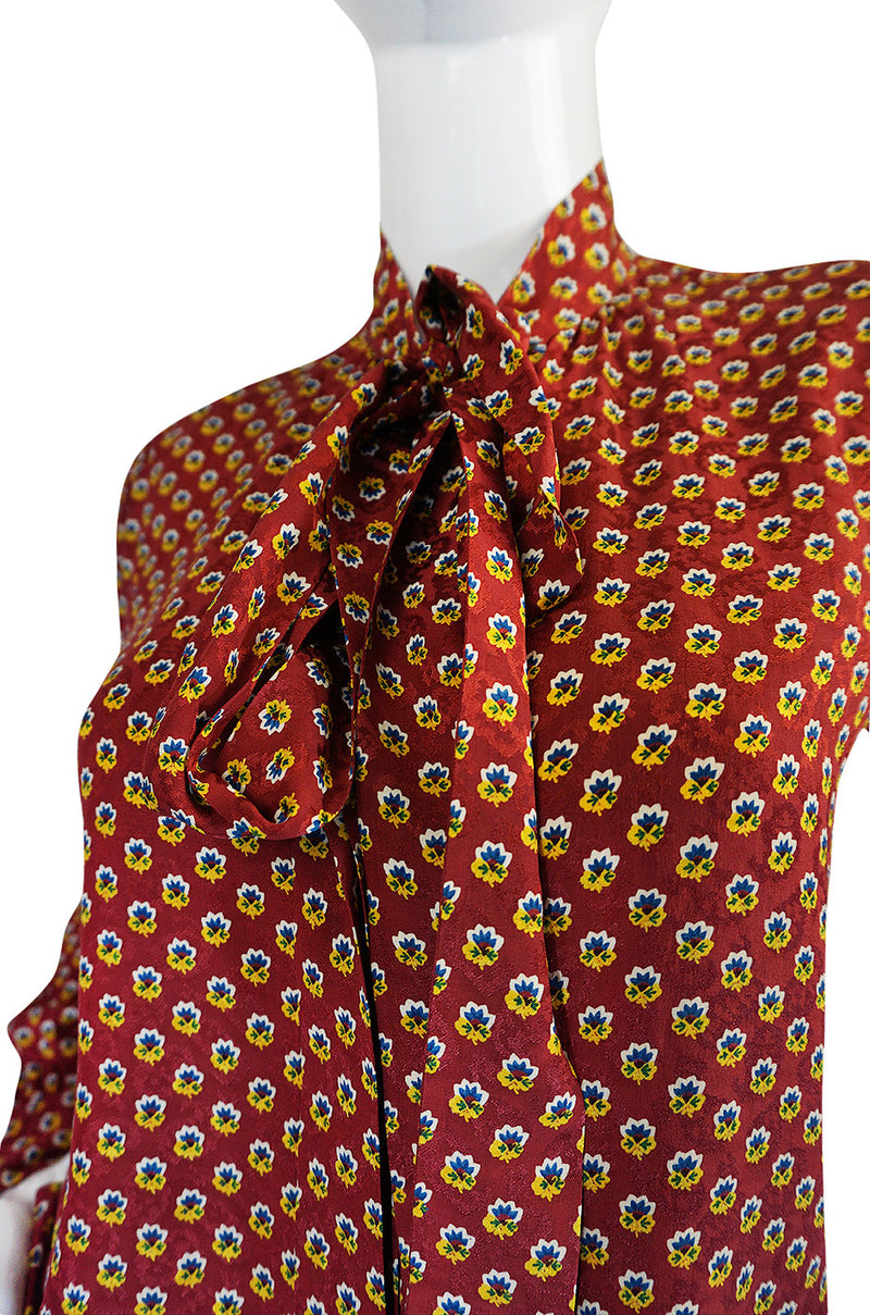 1970s Yves Saint Laurent Pretty Floral Silk Tie Neck Top