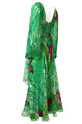 1970s Brilliant Green w Bright Pink Accents Printed Ribbon Silk Chiffon Full Length Maxi Dress
