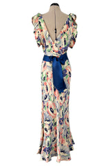 Romantic 1930s Floral Print Bias Cut Silk Dress w Ruffle & Blue Ribbon Detailing