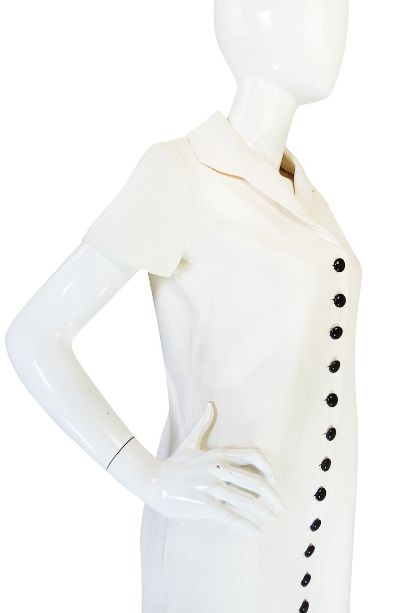 1960s White Linen Black Button Norman Norell Dress