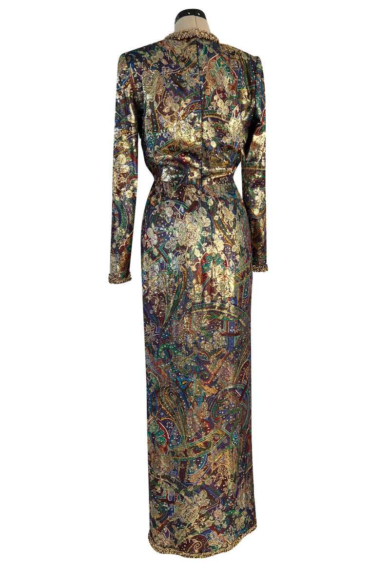 Fall 1990 Oscar de la Renta Metallic Gold Silk Lame Dress w Brass Bell Trim