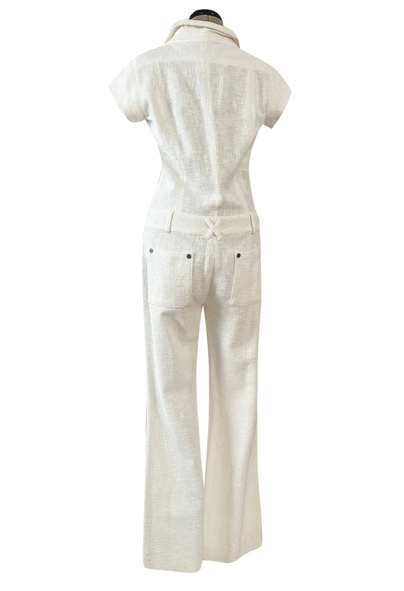 Fabulous 2007 Chanel Resort Runway Textured White Lace Front Pocket Jumpsuit