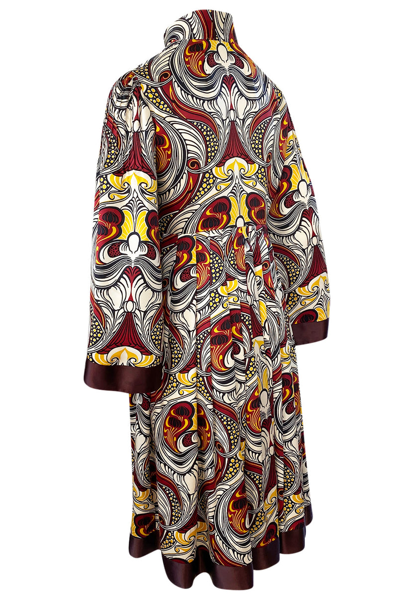 1972 Jean Muir Abstract Printed Silk Satin Dress w Pin Tuck Detailed Bodice