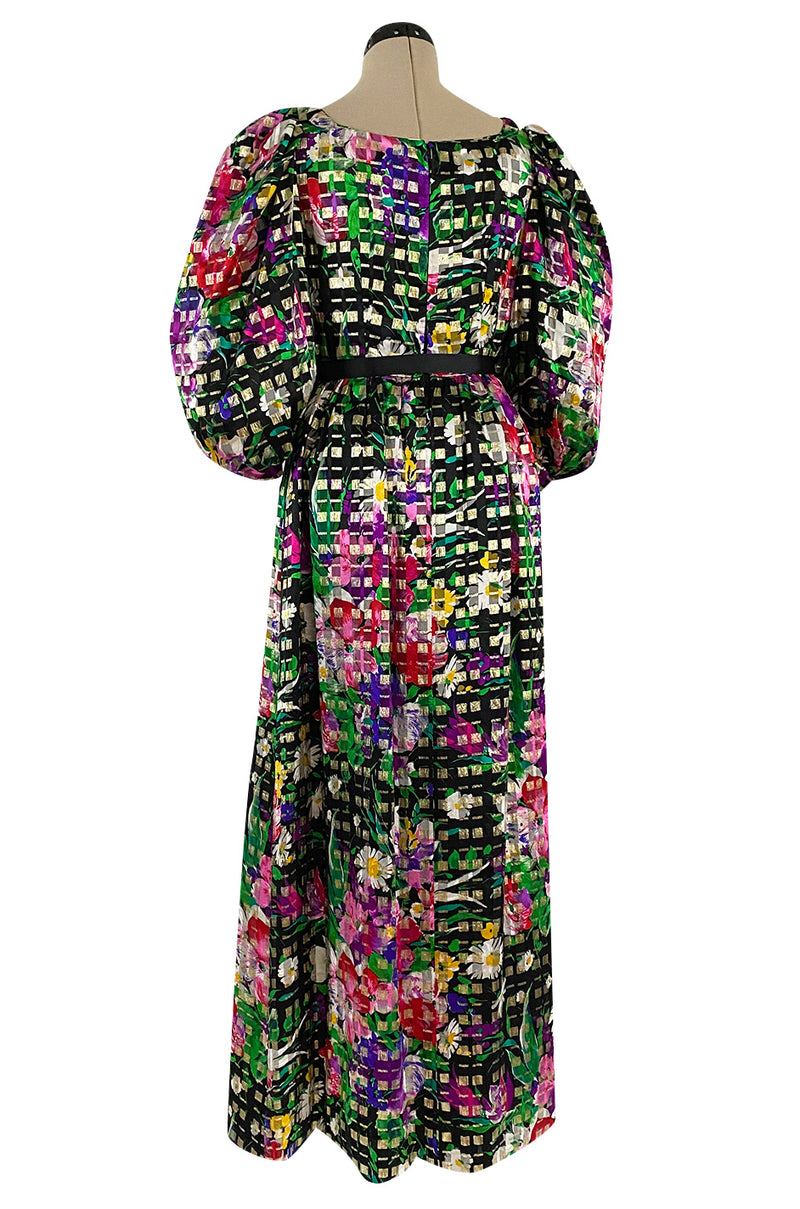 Beautiful 1970s Michael Novarese Ribbon Weave Silk Chiffon Bright Floral & Metallic Dress