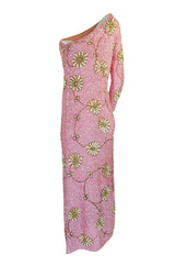 c.1965 Gene Shelly Pink Sequin Stretch Knit Dress w 3D Floral Design