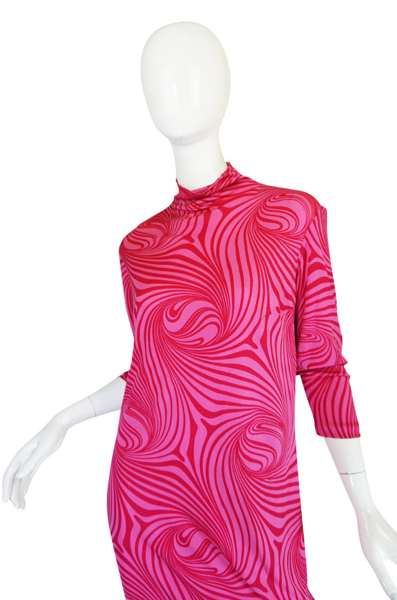 1970s Pink Print Silk Jersey La Mendola Maxi Dress