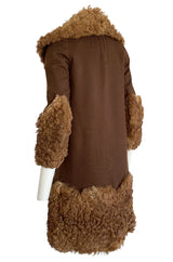 Exceptional 1920s Deep Brown Fine Wool Flapper Coat w Curly Sheepskin Collar Cuffs & Hem