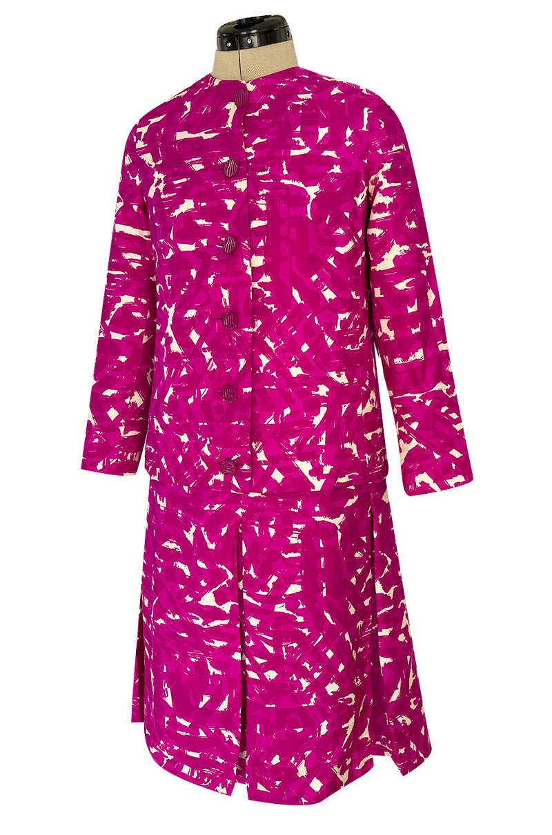 Exceptional Spring 1966 Christian Dior Haute Couture Suit by Marc Bohan In a Pink Patterned Silk Twill