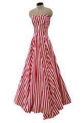 Spectacular 1930s Unlabeled Red & White Striped Cotton Strapless Sweetheart Dress