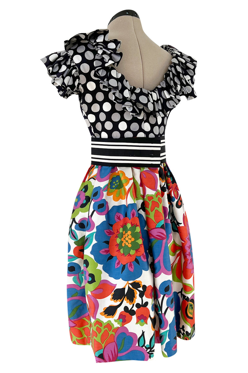 Cutest 1970s Geoffrey Beene Bazaar Mixed Floral & Dot Pattern Ruffle Dress