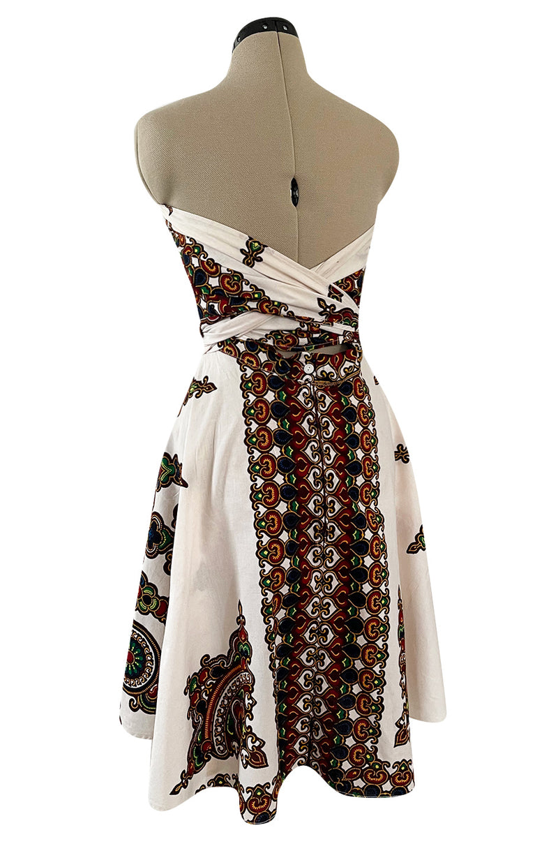 Fantastic 1970s Strapless Extended Multi Tie Bohemian Cotton Batik Print Dress