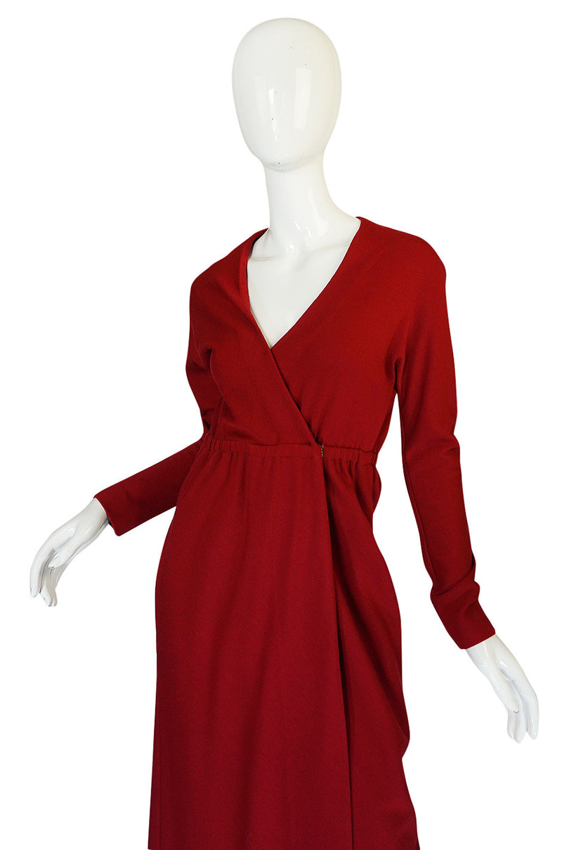1970s Halston Deep Red Wool Jersey Wrap Dress