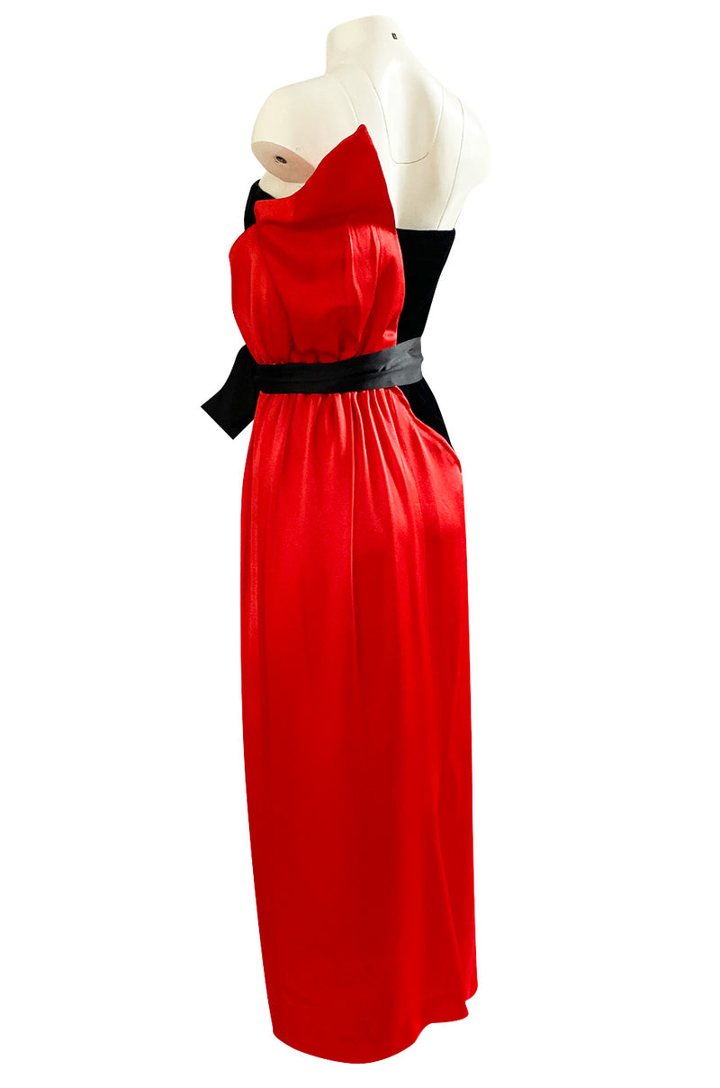 Dramatic 1970s Bill Blass Red Silk & Black Velvet Strapless 'Flame' Dress