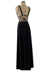 Incredible 1970s Loris Azzaro Open Gold & Black Bead Waist Dress w Halter Top & Bare Back