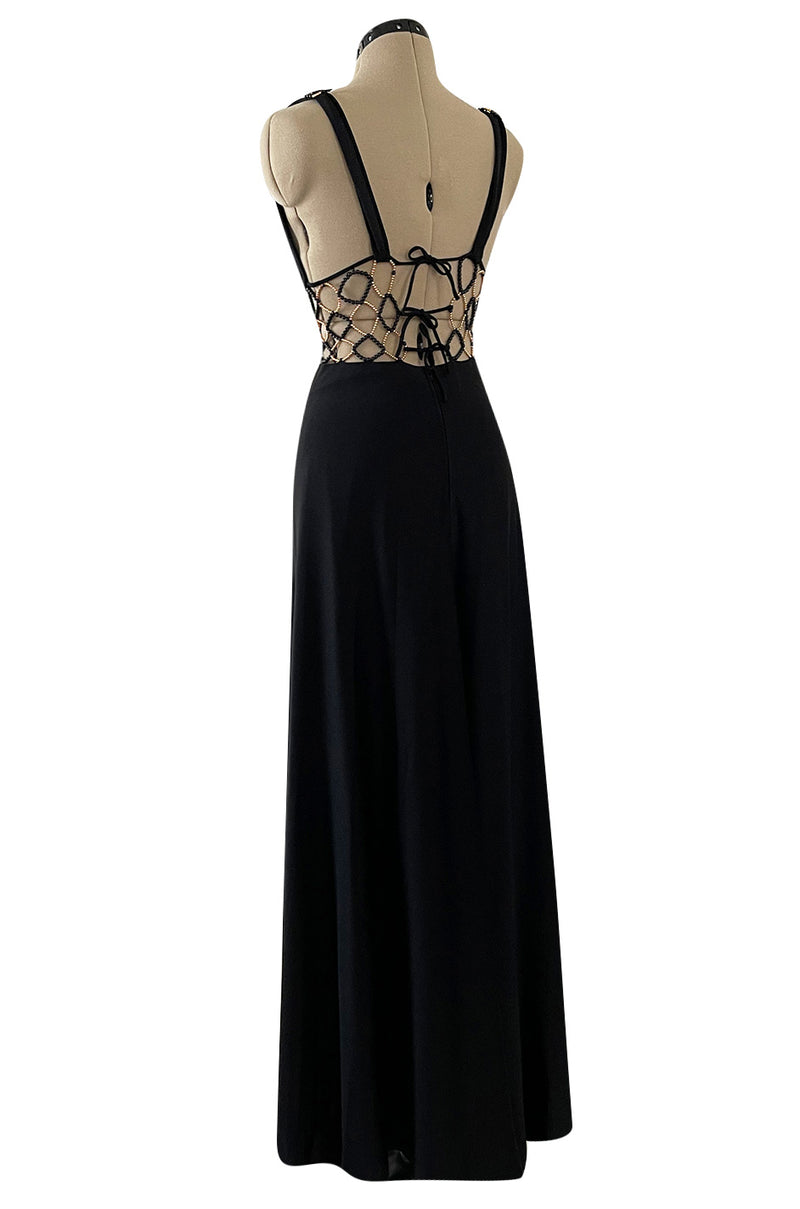 Incredible 1970s Loris Azzaro Open Gold & Black Bead Waist Dress w Halter Top & Bare Back
