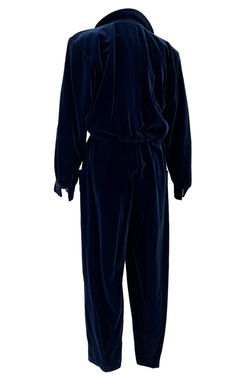 Fantastic Fall 1985 Yves Saint Laurent Deep Runway Blue Velvet Jumpsuit w Slouchy Front Pockets