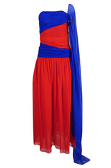 1970s Givenchy Bold Red & Blue Silk Chiffon One Shoulder Dress