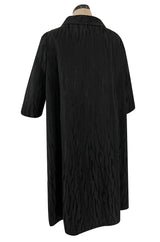 Minimalist 1960s Marty Modell Black Silk Jaquard Brocade Coat w Bow Detail