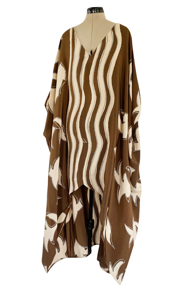 1980s Bill Blass Wavy Stripe & Abstract Print Pattern Soft Brown & Creamy Taupe Silk Caftan Dress