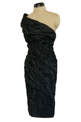 1980s Antony Price Hand Gathered One Shoulder Black Taffeta Dress