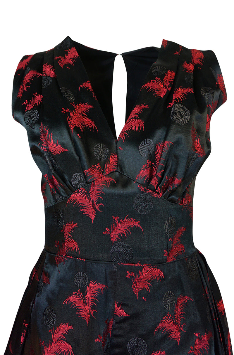 1950s Unlabelled Red & Black Aisian Silk 'Feather' Dress