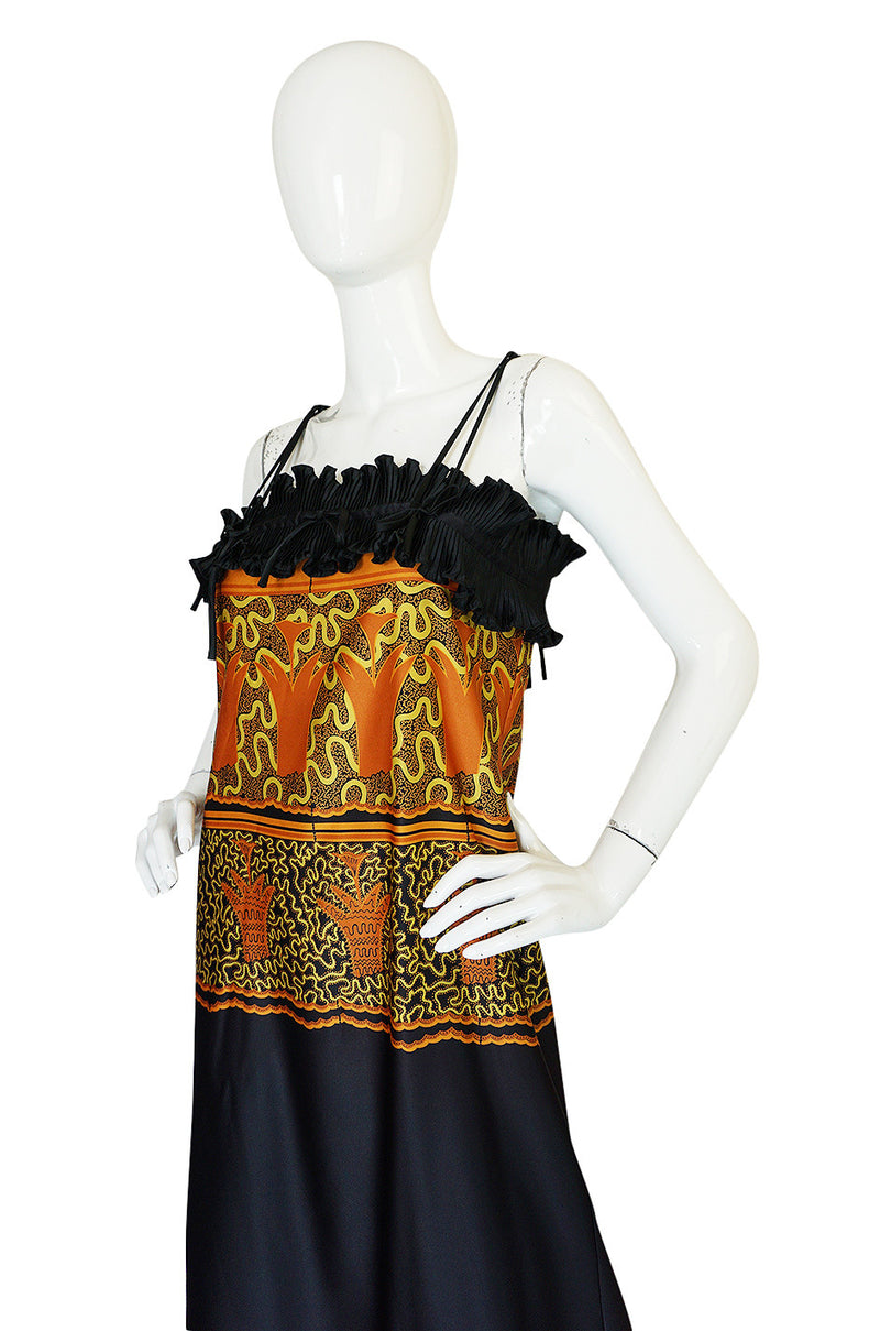 1970s Zandra Rhodes Print & Black Dramatic Lingerie Dress