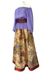 Fall 1977 Bill Blass Printed Silk Taffeta Skirt & Off Shoulder Purple Silk Top Dress Set