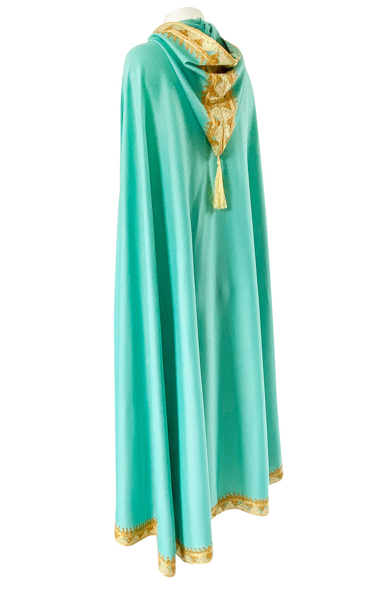 1970s Turquoise Jersey Cape with Gold Cord Braiding Detailing & Hood