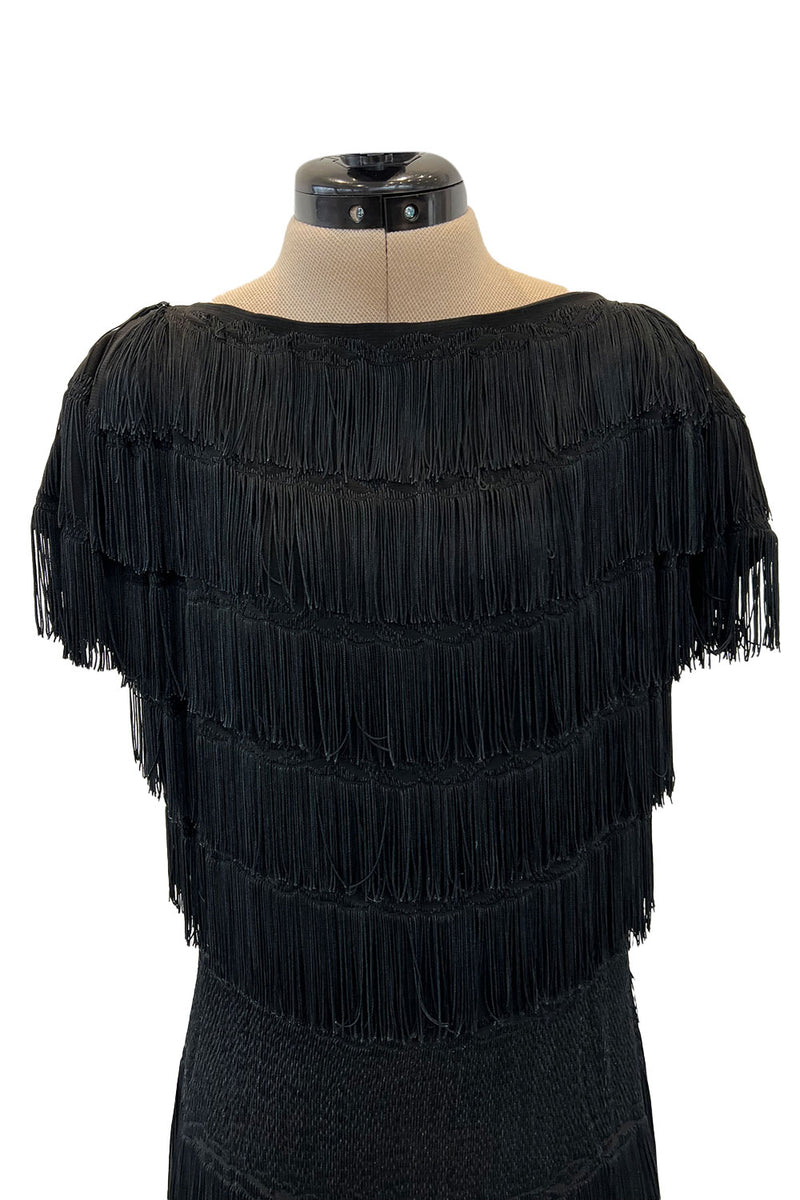 Extraordinary 1930s Black Silk Sheath Dress w Head to Toe Rows of Black Fringe